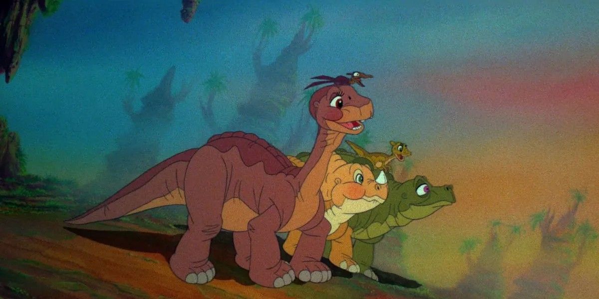 Young dinosaurs standing on the hilltop in The Land Before Time