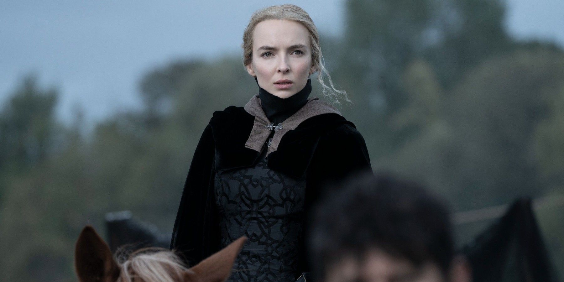 Jodie Comer as Marguerite de Carrouges on horseback in The Last Duel