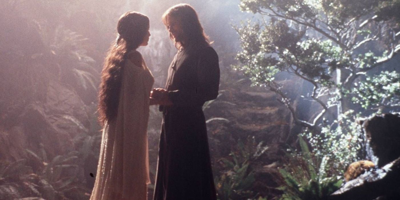 Arwen and Aragorn facing each other in The Lord Of The Rings