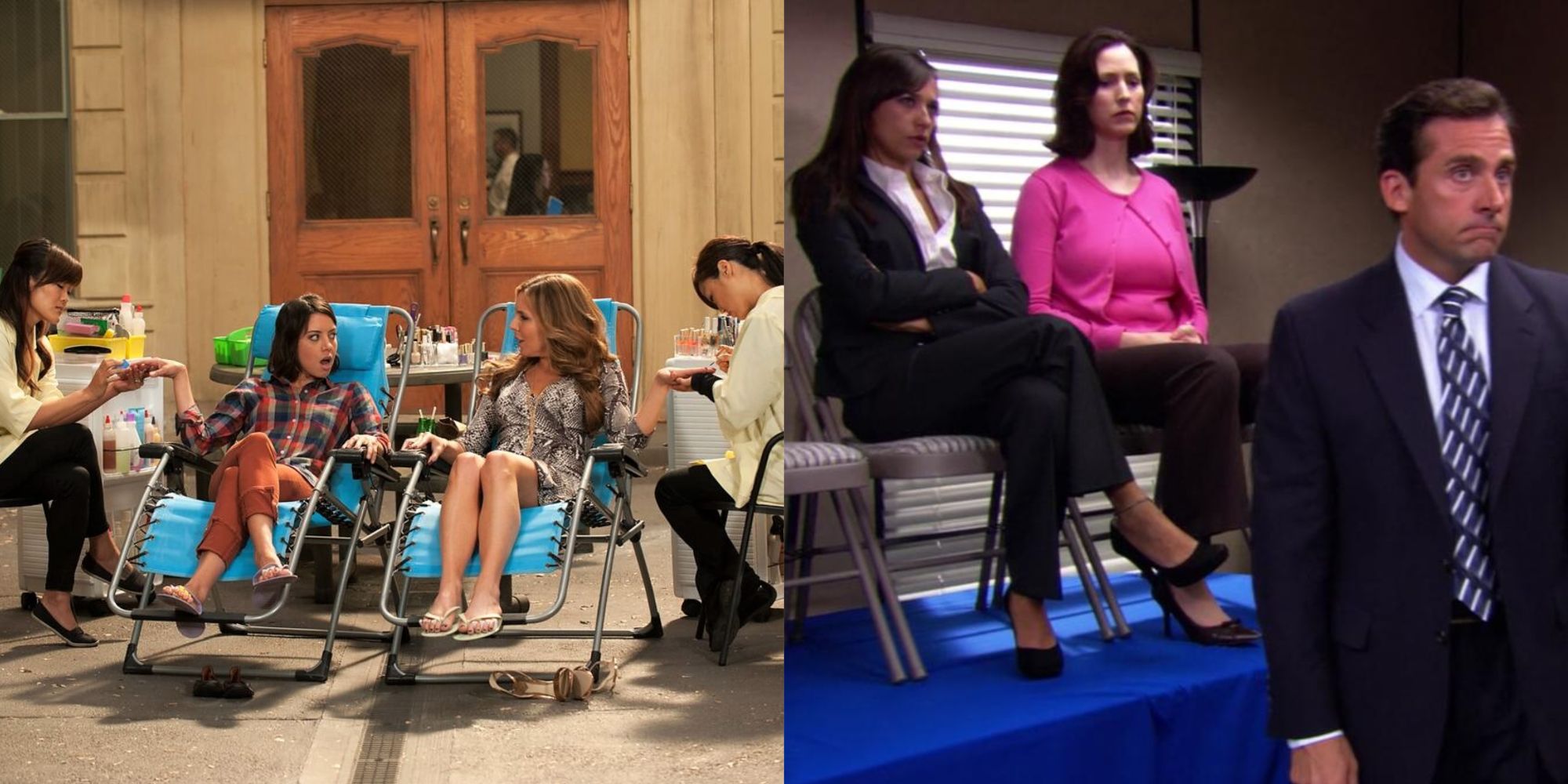 April Ludgate with Eagleton employee on chairs and Michael Scott with Stanford employees