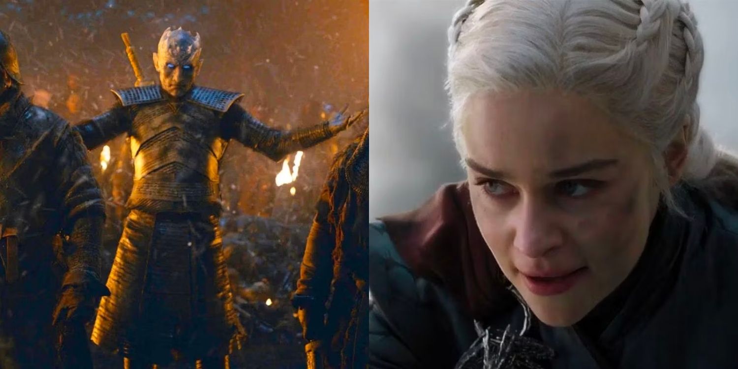 The Night King with his arms out at the Battle of Winterfell and Daenerys looking angry while destroying King's Landing
