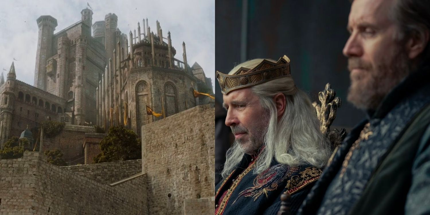 The Red Keep seen from below and Otto Hightower and King Viserys sitting together