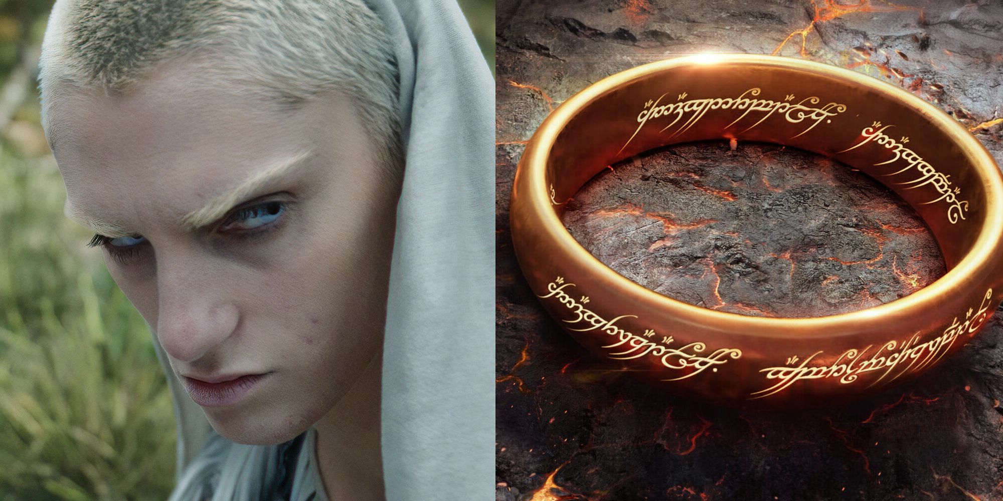 Rings of Power Split Image: Young boy (sauron) glaring; the One Ring