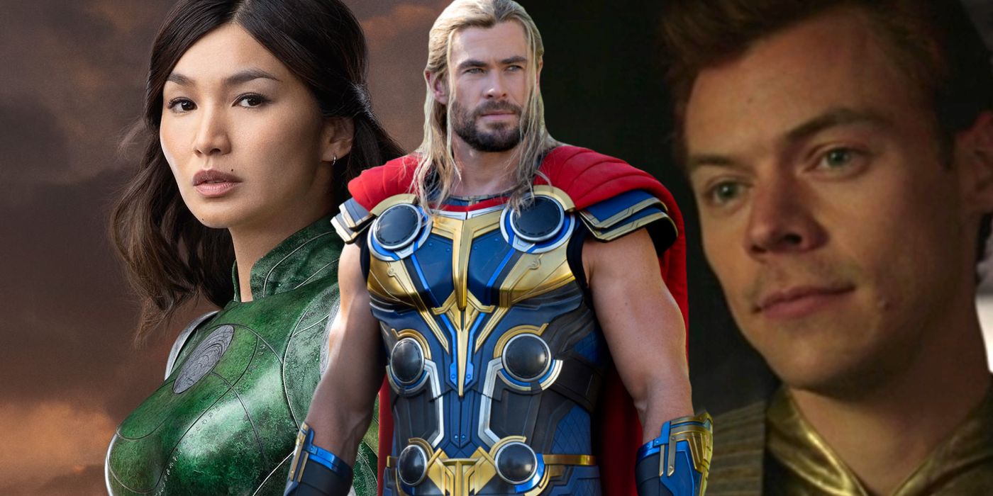 Gemma Chan as Sersi, Chris Hemsworth as Thor, Harry Styles as Eros
