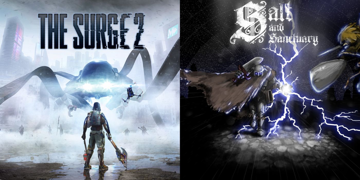 Split image of The Surge 2 and Salt and Sanctuary promo art.