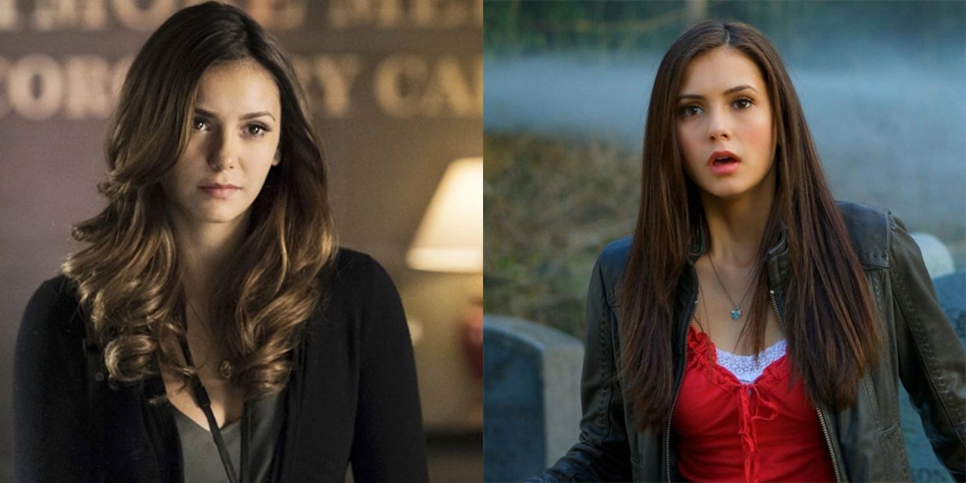 Split image of Elena Gilbert looking serious and surprised on The Vampire Diaries