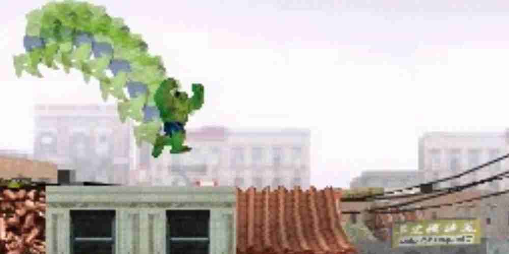 The Hulk jumps onto a roof in the Nintendo DS games.