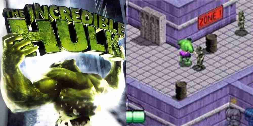 A arte da capa à esquerda e a jogabilidade à direita para o jogo Game Boy Advance Hulk.
