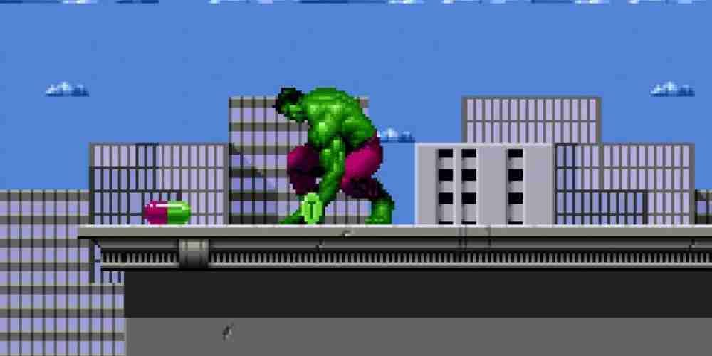 The Hulk stands on a arooftop in a SEGA Genesis game.