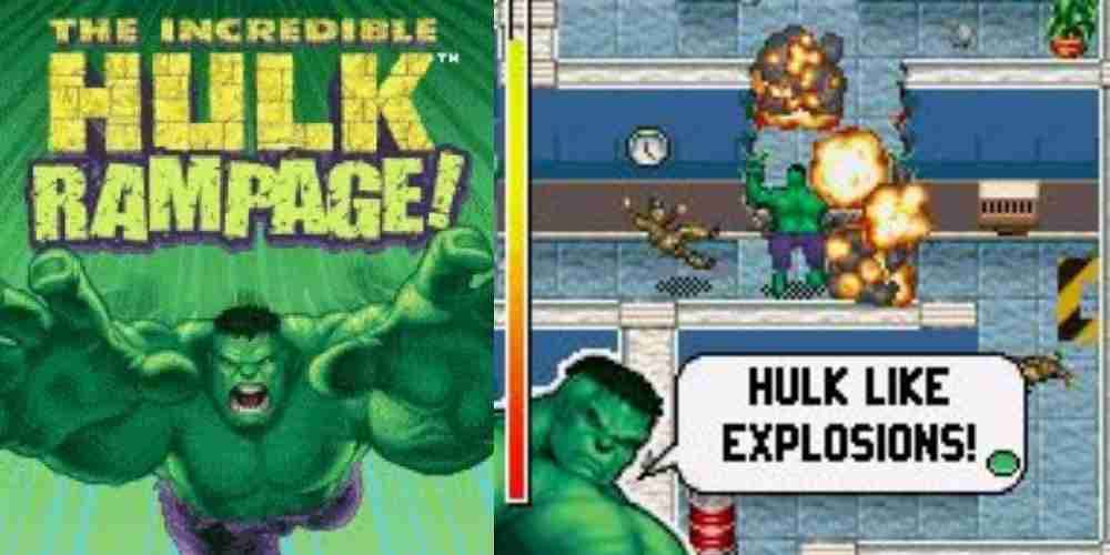 A tela de título à esquerda e a jogabilidade à direita para The Incredible Hulk Rampage.