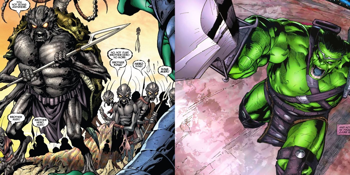 Split image showing the Sakaar Natvies and Hulk in the Planet Hulk storylines