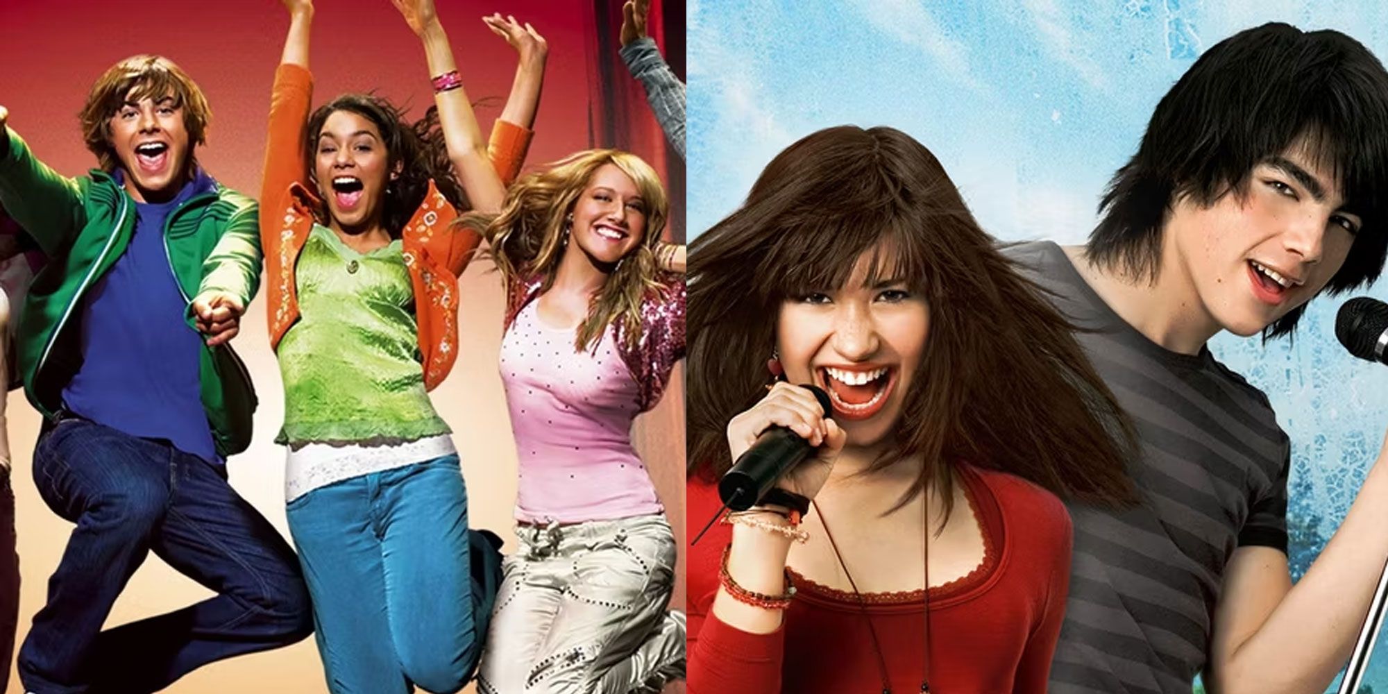 A split image features High School Musical characters Troy, Gabriella, and Sharpay alongside Camp Rock characters Mitchie and Shane