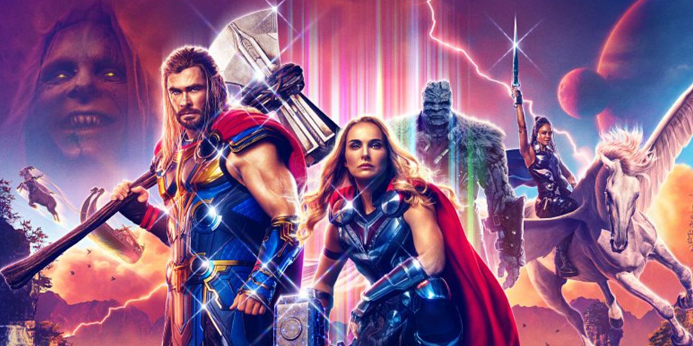 Thor e Mighty Thor com o resto do elenco de apoio na arte de Love and Thunder.