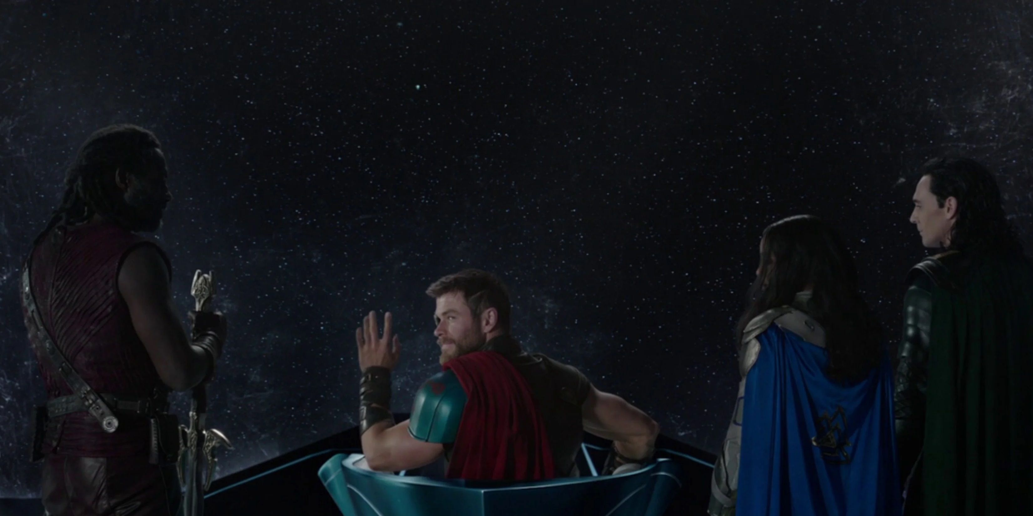 Thor takes leadership of his people at the end of Ragnarok