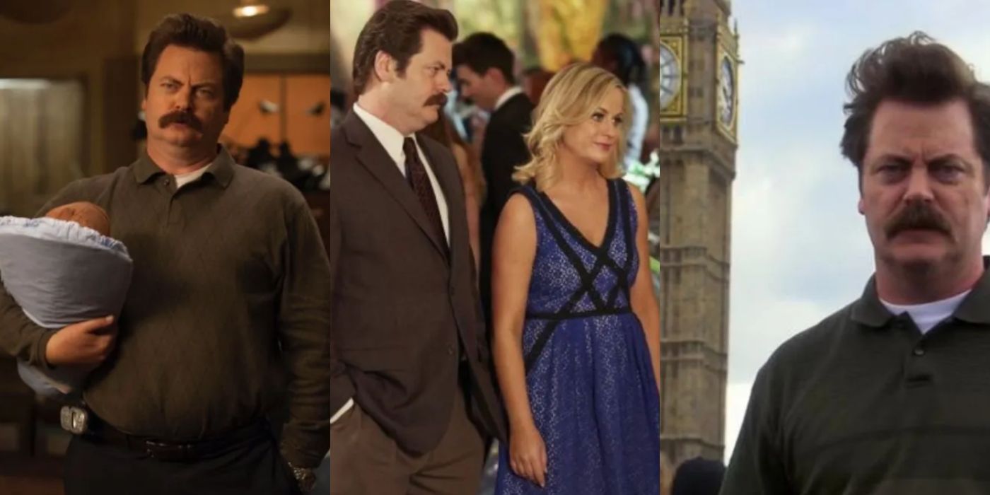 Three split image of Ron Swanson with his son, Leslie, and traveling on Parks and Rec