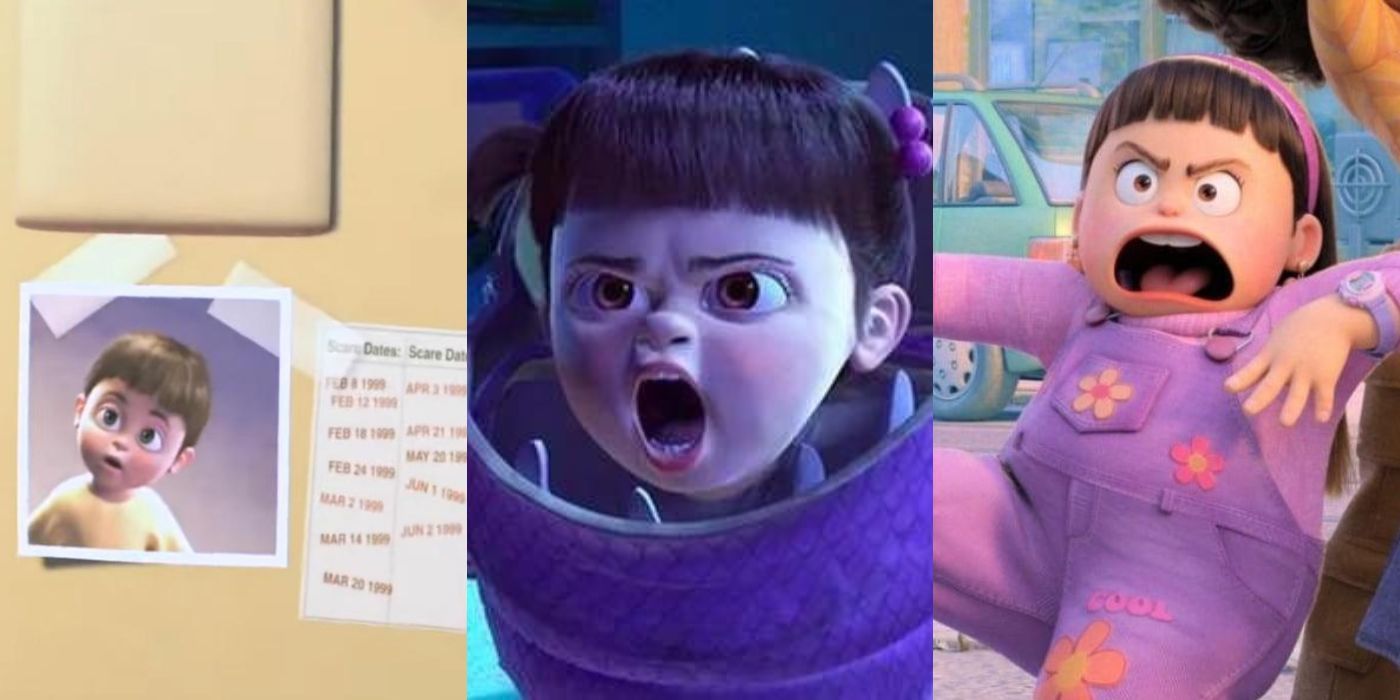 Three split images of Boo and Abby from Pixar movies