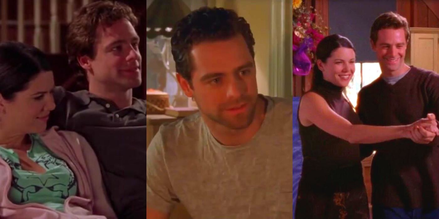 Three split images of Christopher and Lorelai from Gilmore Girls