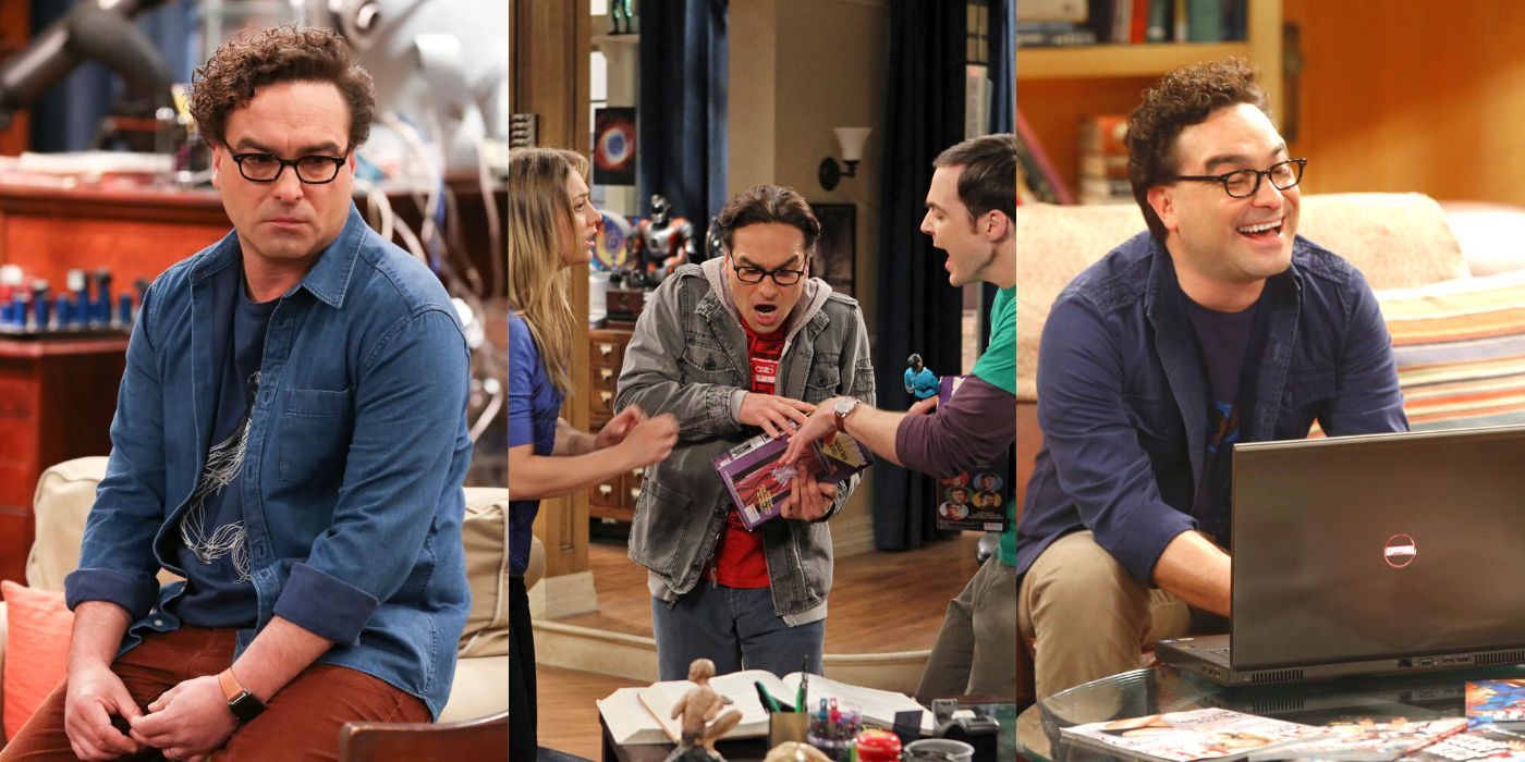 Three split images of Leonard and Penny and Sheldon from TBBT