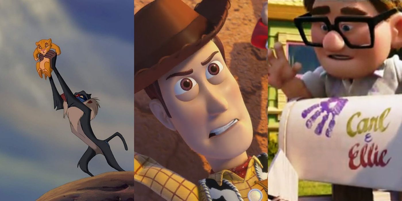 Three split images of Pixar characters in opening scenes