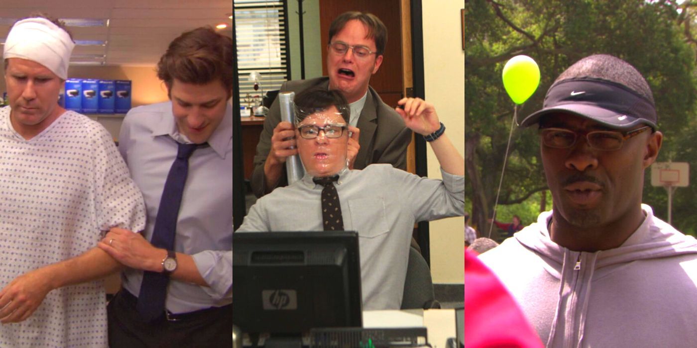 Three split images of The Office characters