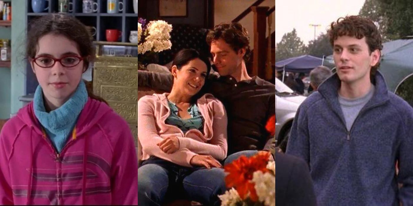 Three split images of characters from Gilmore Girls