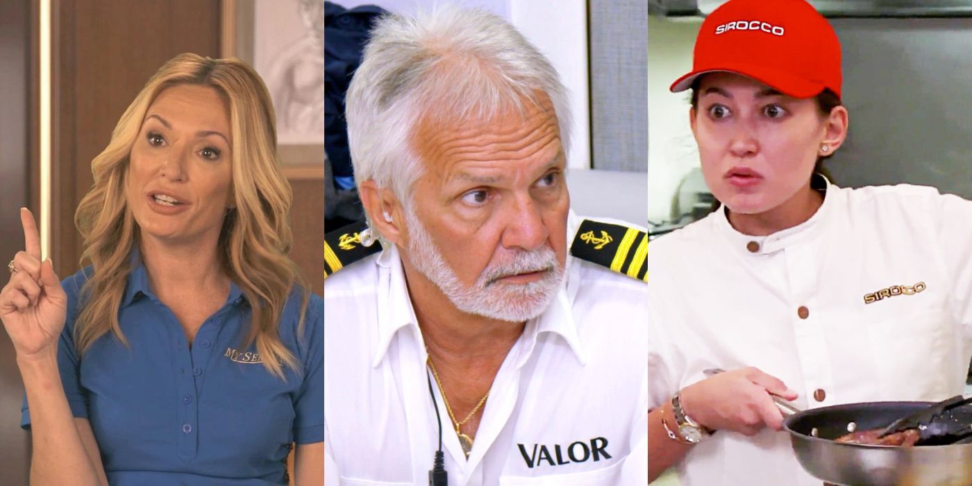 Three split images of characters from the Below Deck franchise on Bravo