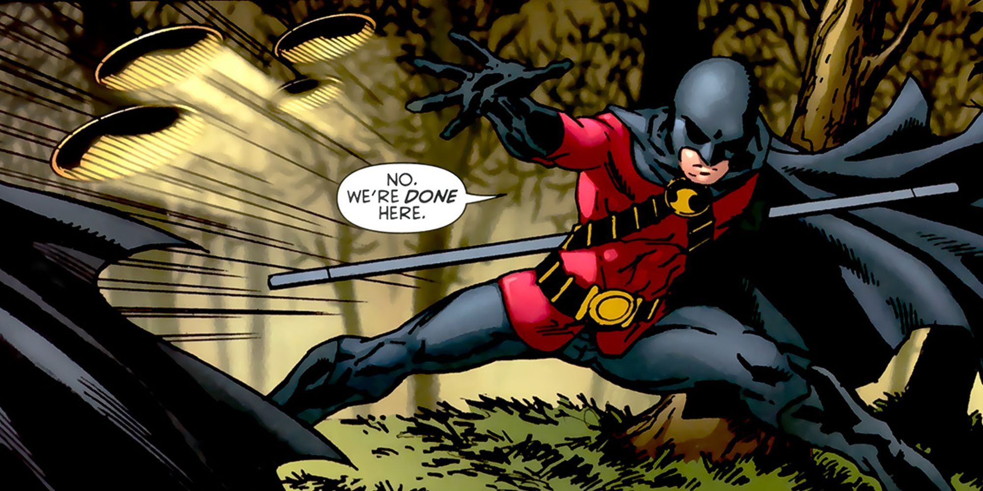 Tim Drake como Red Robin lutando contra Dick-Grayson como Batman em Red Robin The Grail