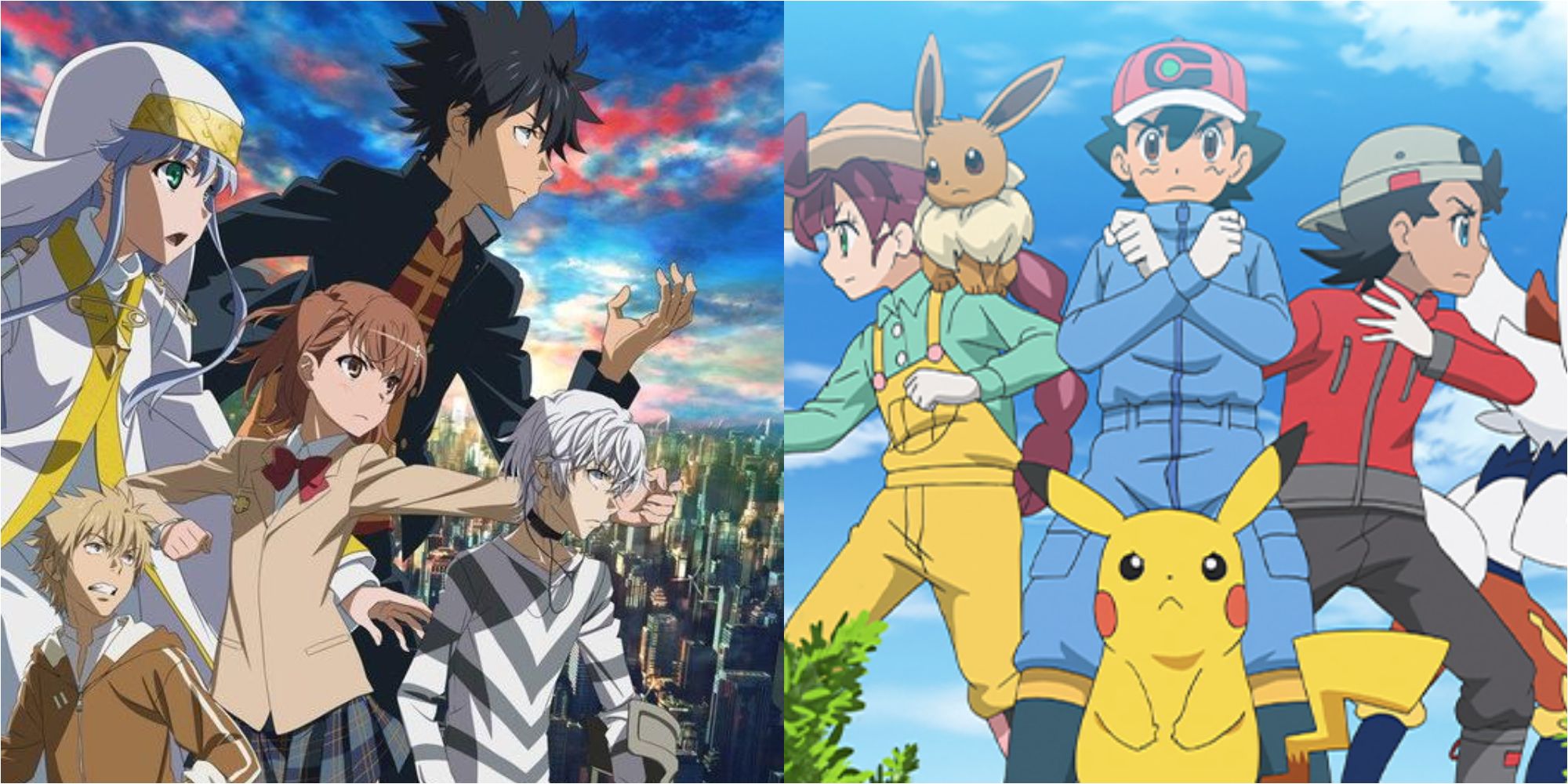 Split image showing characters from the Toaru Majutsu No Index and Pokémon anime