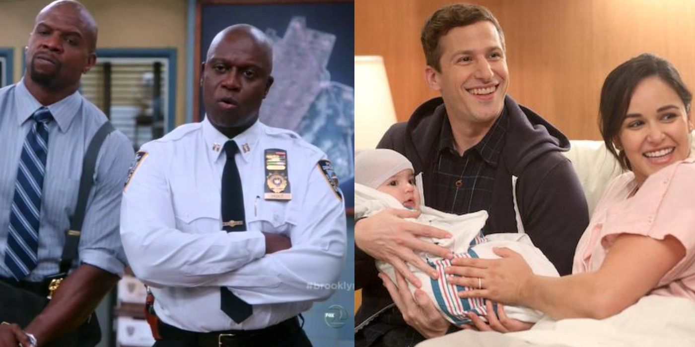 Split image of Terry and Captain Holt and Amy and Jake with their newborn