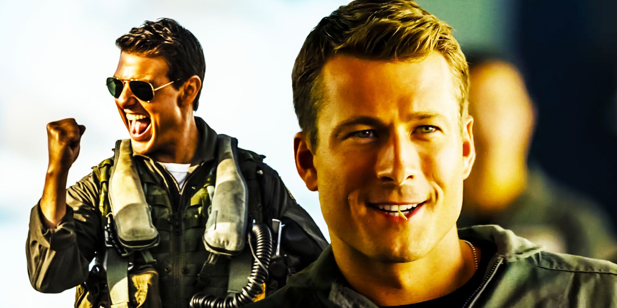 Imagem personalizada de Tom Cruise comemorando com Glen Powell em Top Gun: Maverick.