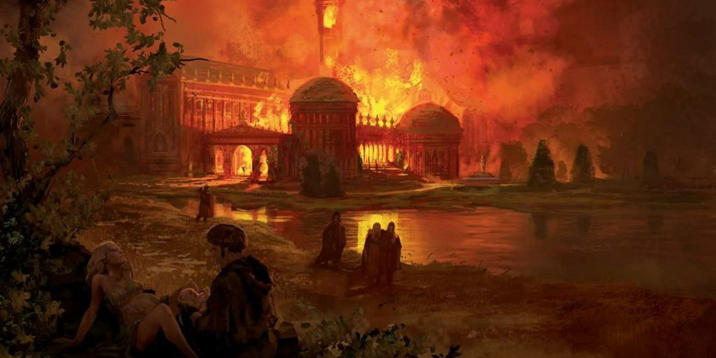 Summerhall burning while people look on in A Song of Ice and Fire