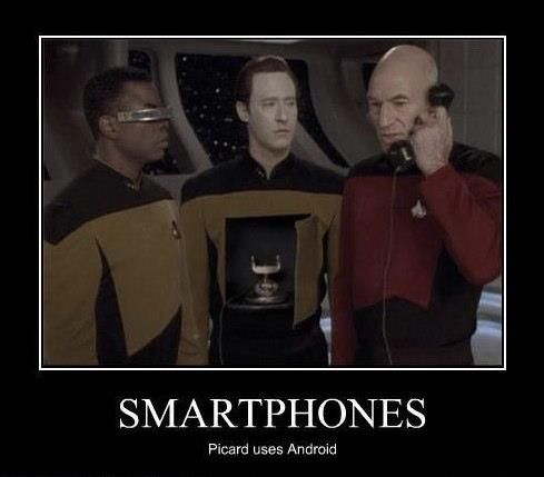 Captain Picard answers a phone inside of Data's chest from Star Trek TNG