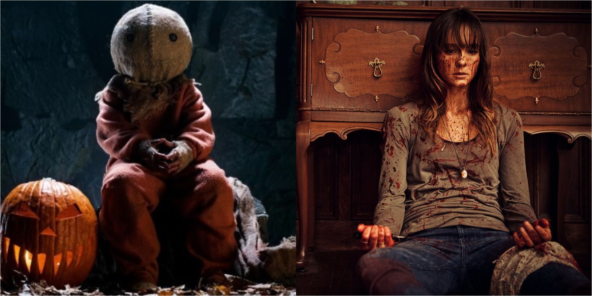 Split image showing characters from Trick r' Treat and You're Next.