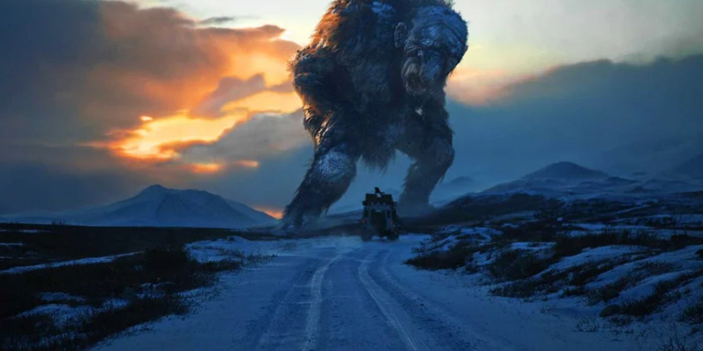 A car driving up to a giant troll in Trollhunter.