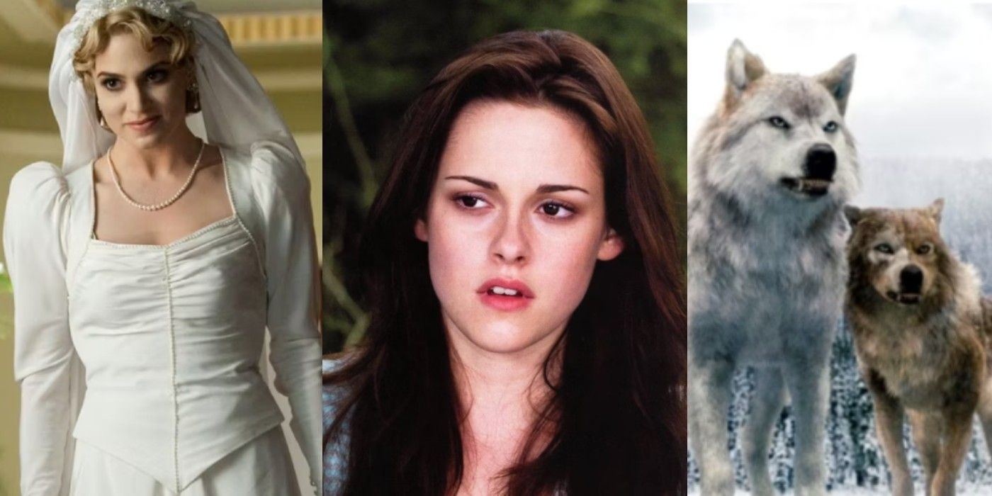 Split image of Rosalie in her wedding dress, Bella looking forward, and two of the werewolves