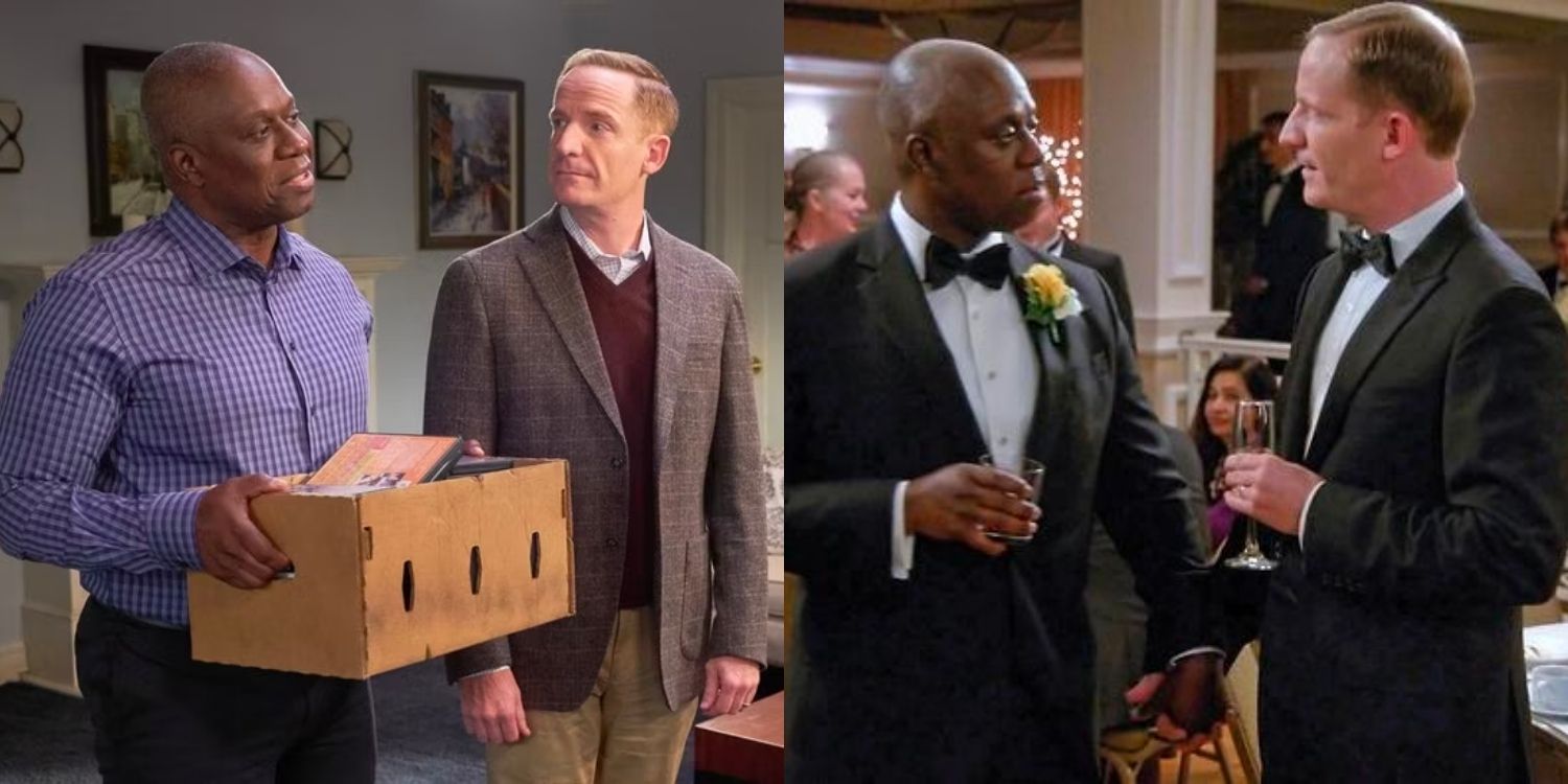 Two images of Holt and Kevin looking at one another