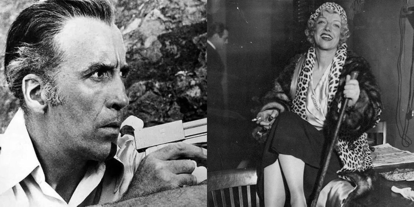 Two side by side black and white images of Texas Guinan and Christopher Lee