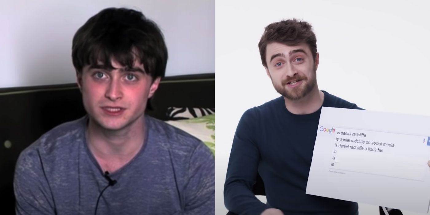 Two side by side images of Daniel Radcliffe from sketches and interviews