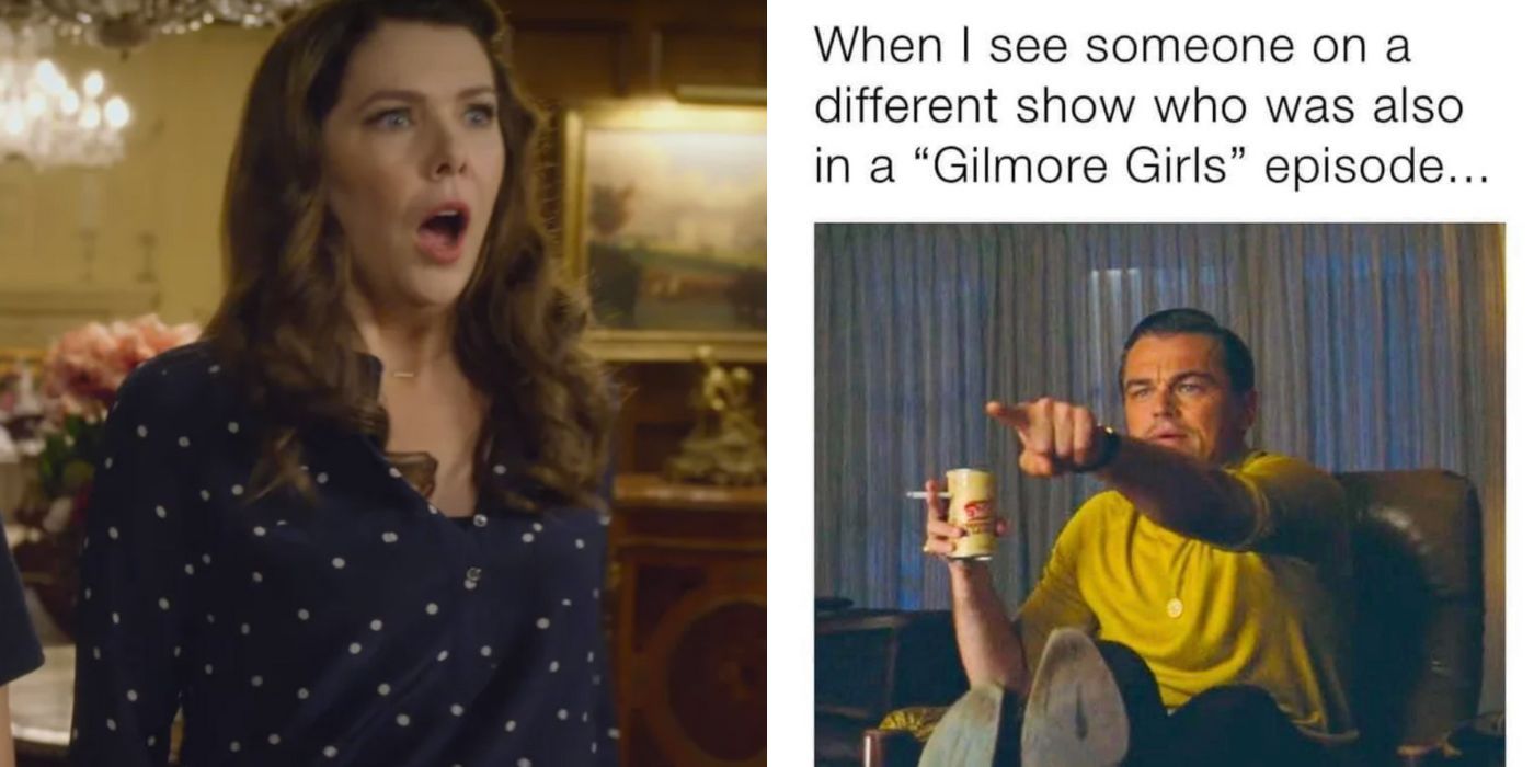 Two side by side images of Lorelai reacting and meme from Gilmore Girls