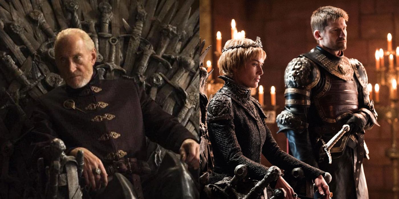Split image of Tywin sitting on the Iron Throne and Cersei with Jaime by her side.
