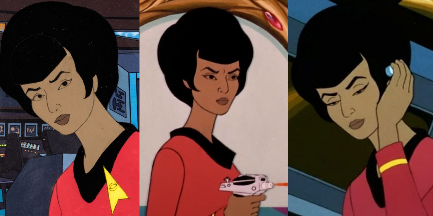 Split Image of Uhura on the bridge, of Uhura firing a phaser, and Uhura answering communications at her station