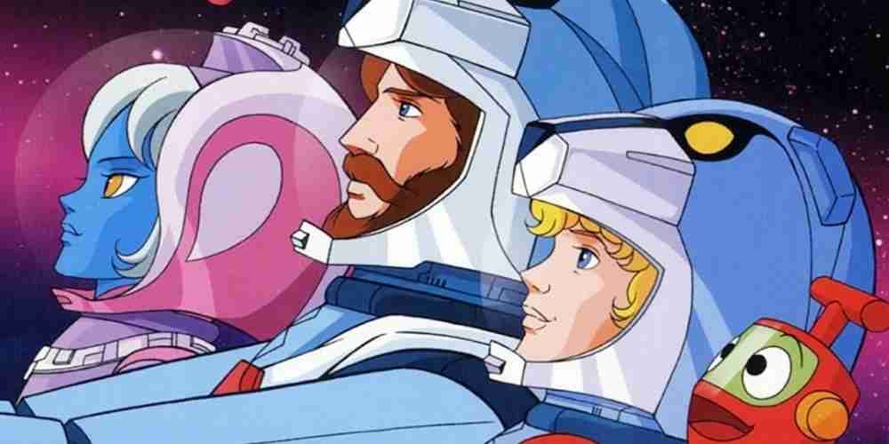 The cast of Ulysses 31 in space suits looking up at the sky.