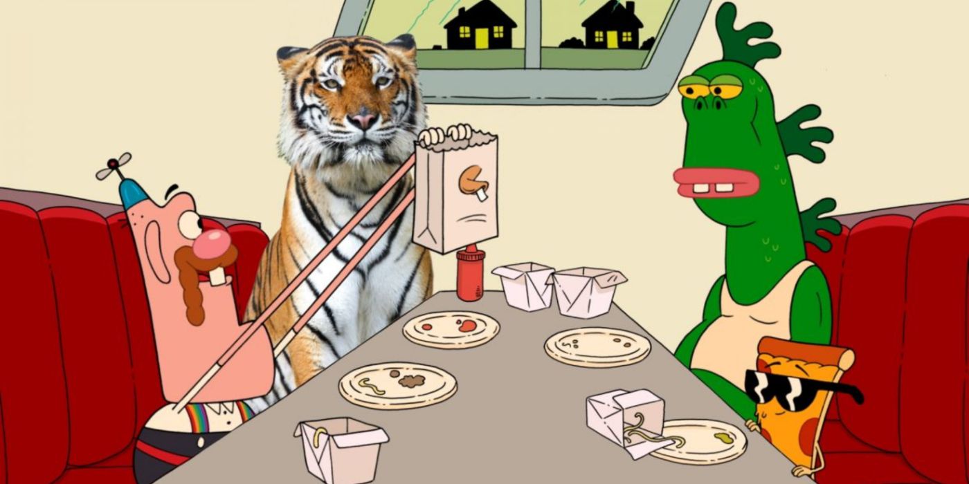 Uncle Grandpa, Giant Realistic Flying Tiger, Mr. Gus, and Pizza Steve in Uncle Grandpa.