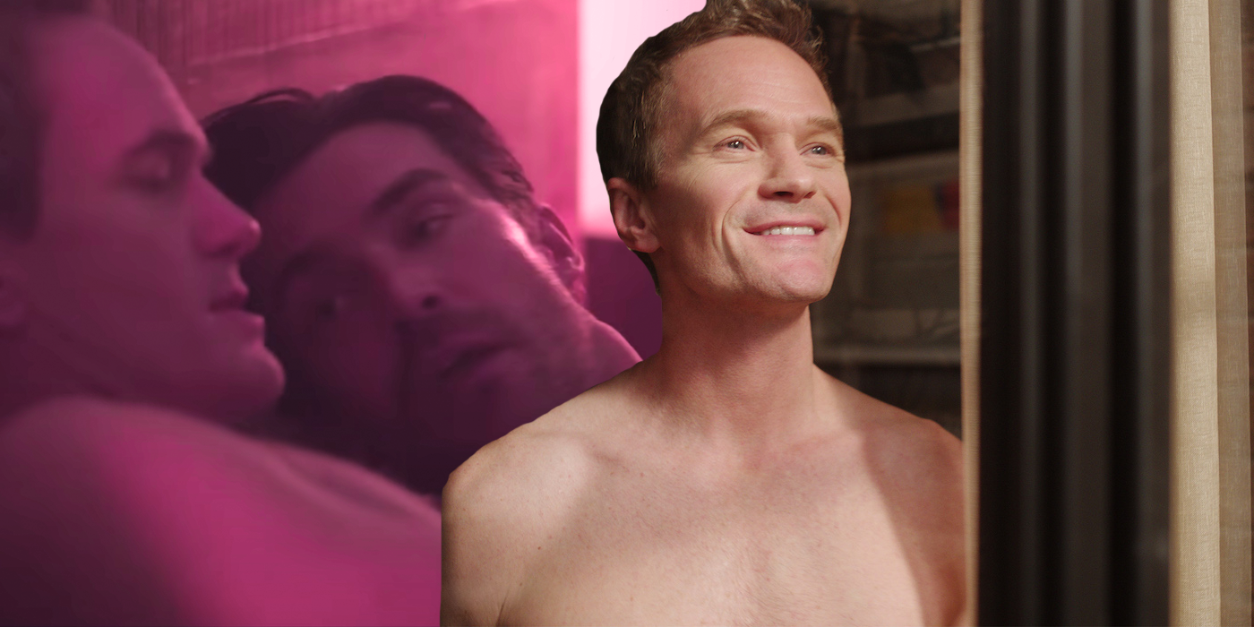 A shirtless Neil Patrick Harris looks out a window and smiles