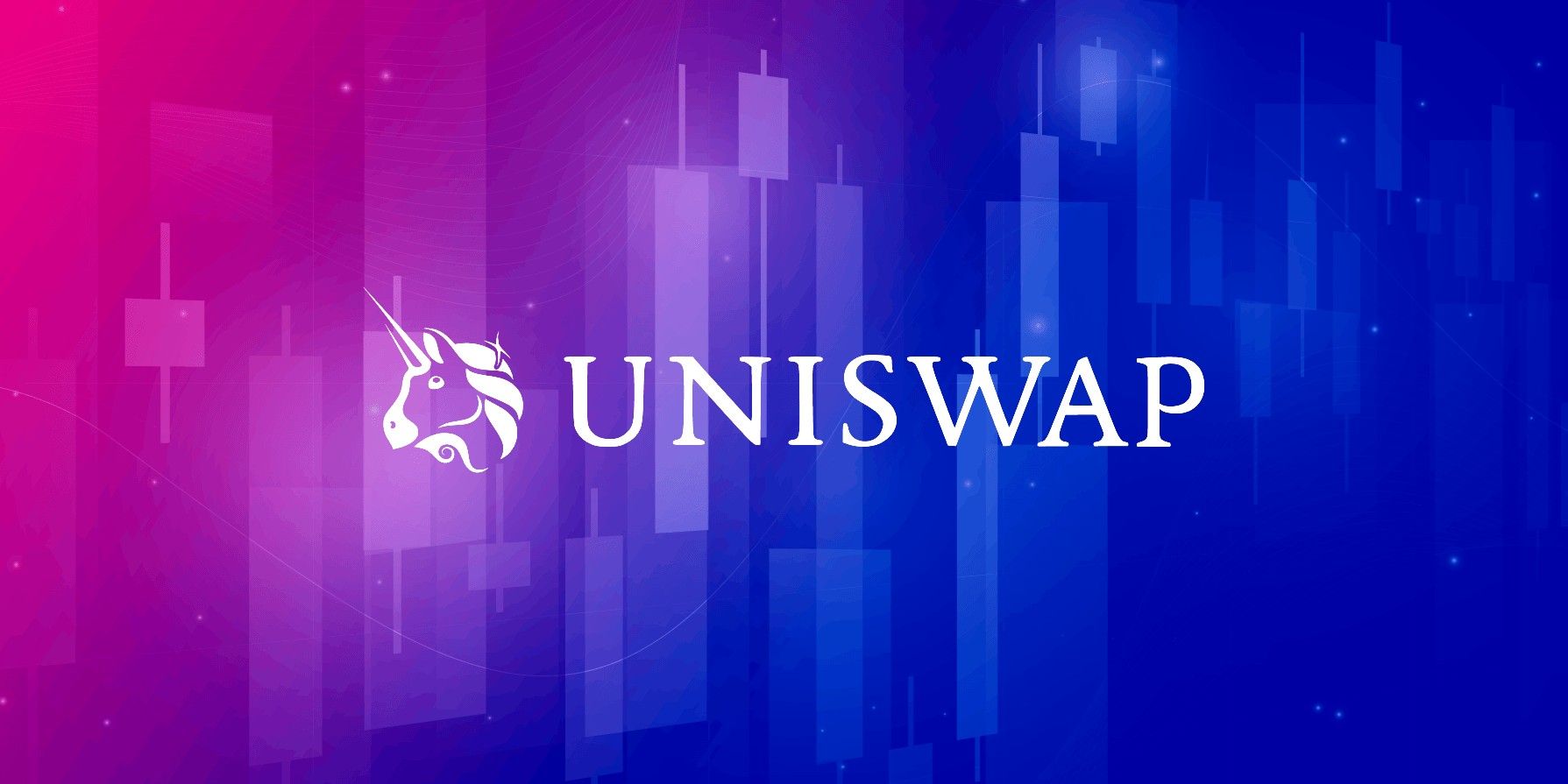 Uniswap Logo on digital blue and purple gradient background, with faded price candlesticks in background