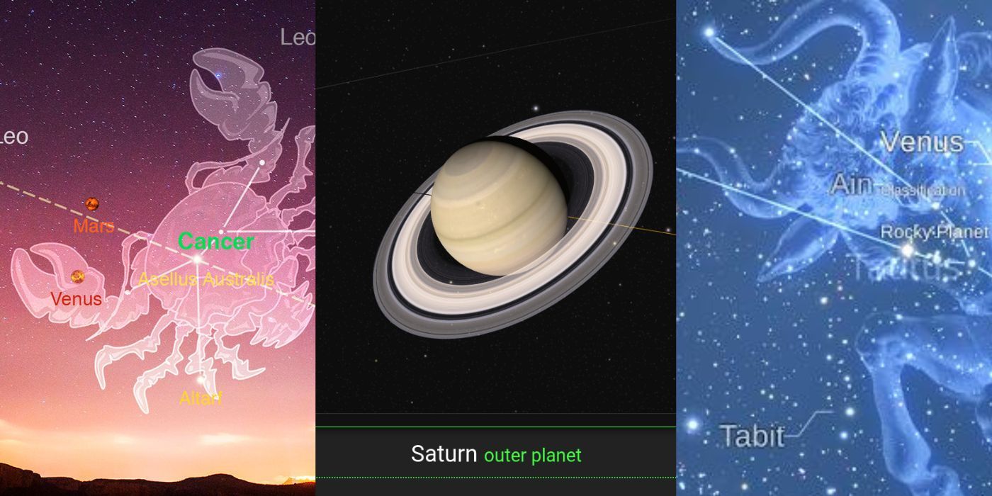 Split image of the night sky taken by 3 different apps, showing stars and saturn