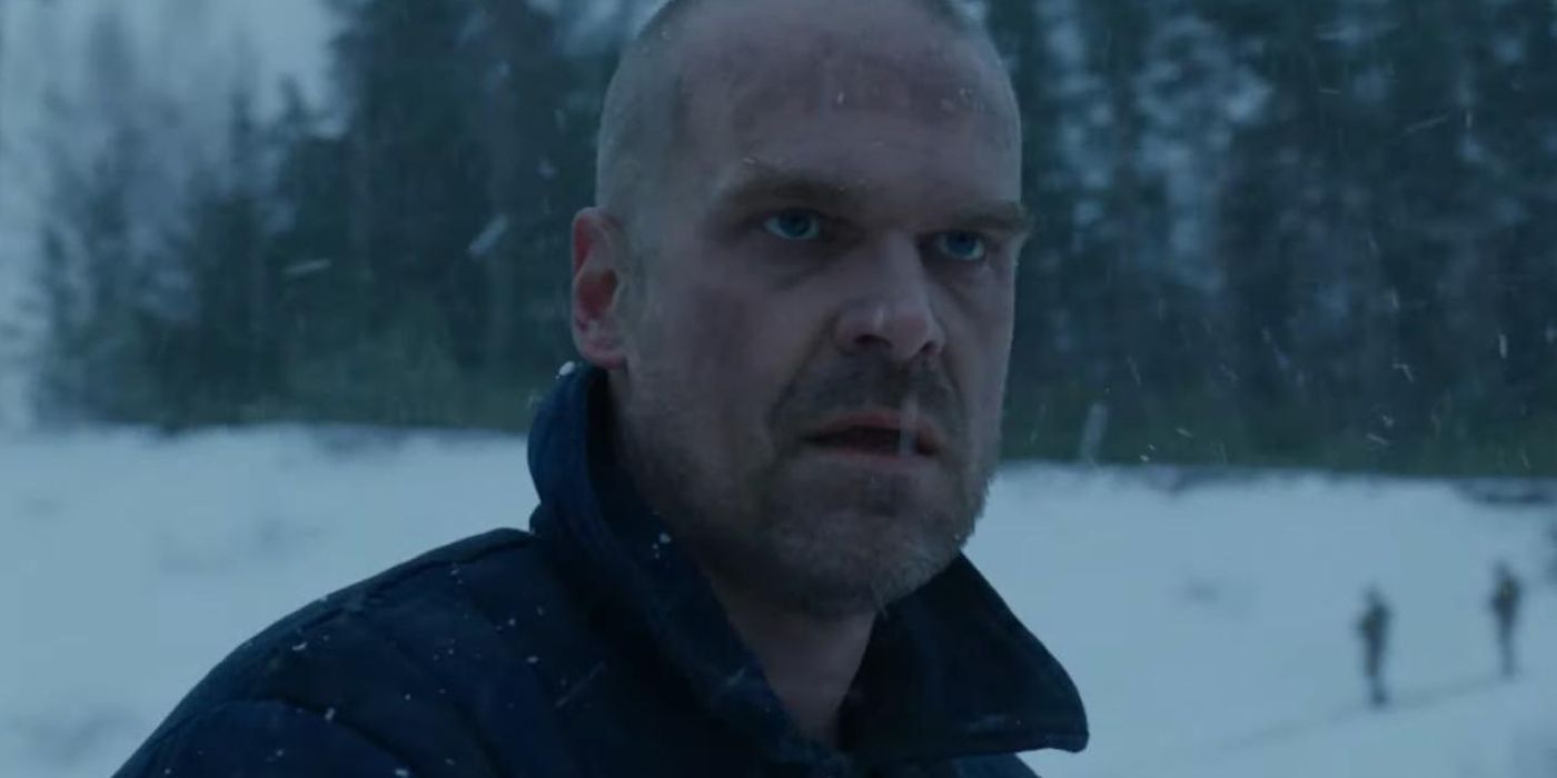 Hopper in snow in Stranger Things.