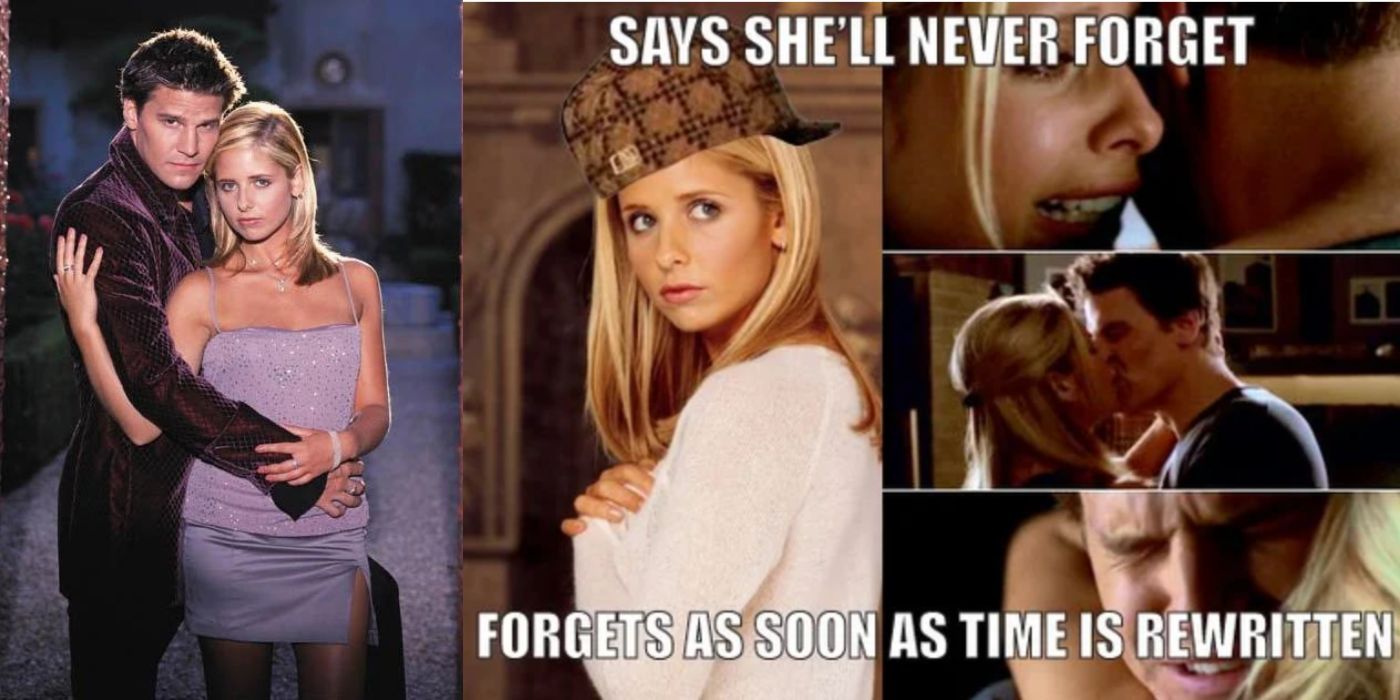 Split image showing Buffy and Angel embracing, and a meme of Buffy and Angel