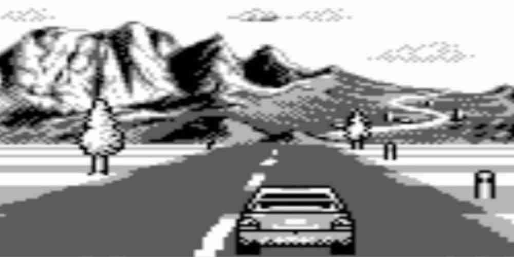 Um carro percorre uma estrada no jogo V Rally Champion Edition para Game Boy.
