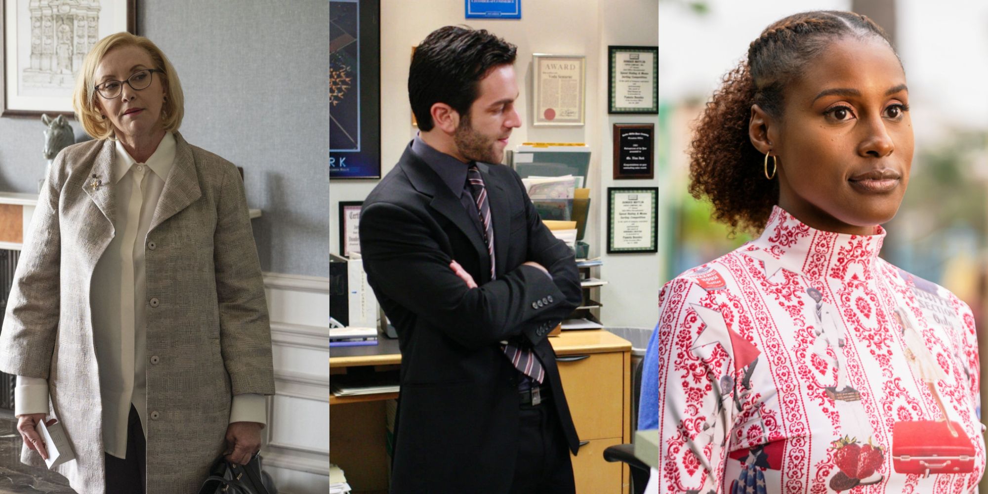 Split image of Gerri in Succession, Ryan in The Office and Issa in Insecure